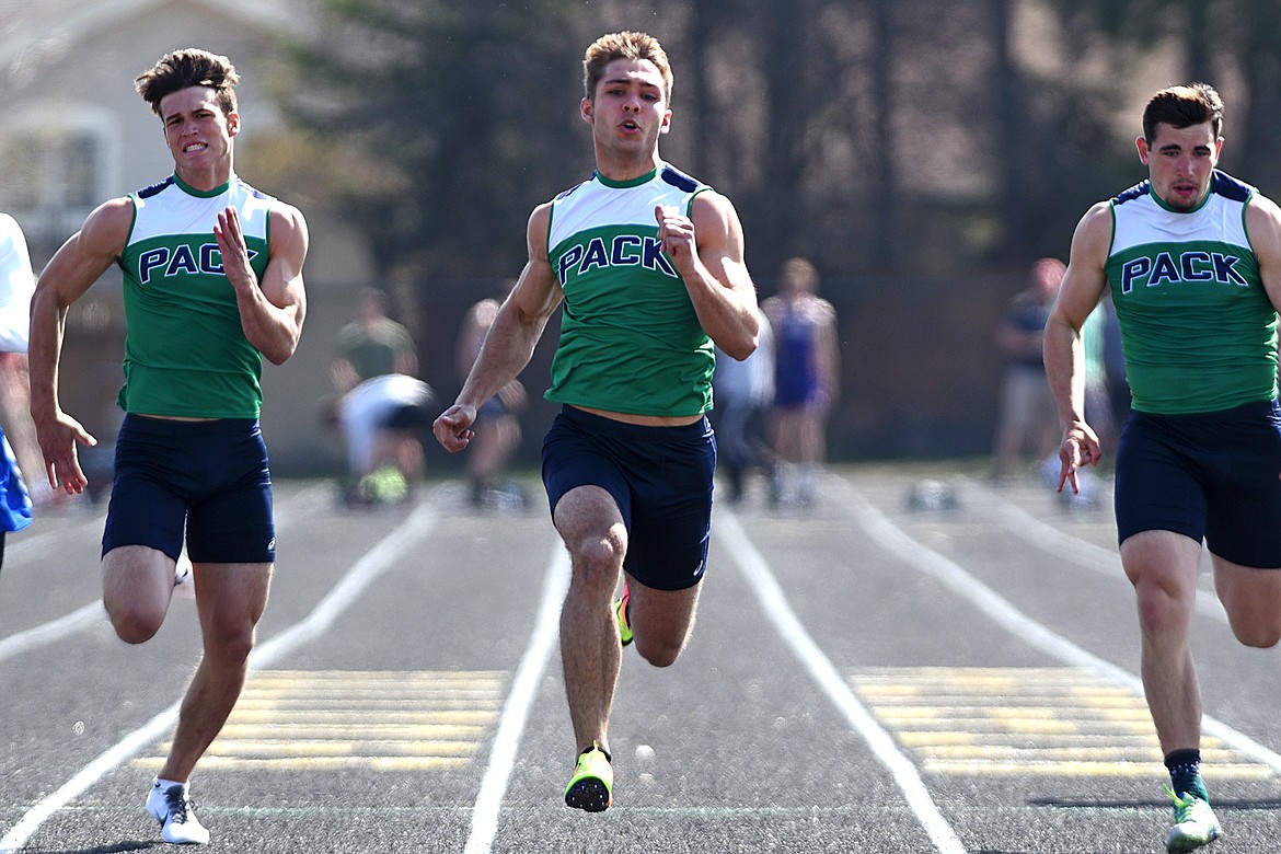 Glacier High School's Ethan Larson wins the boys 100 meter dash with a time of 10.82 at the A.R.M. Invitational at Whitefish High School on Saturday. (Casey Kreider/Daily Inter Lake)