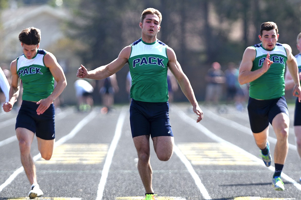 Glacier High School's Ethan Larson wins the boys 100 meter dash with a time of 10.82 at the A.R.M. Invitational at Whitefish High School on Saturday. (Casey Kreider/Daily Inter Lake)