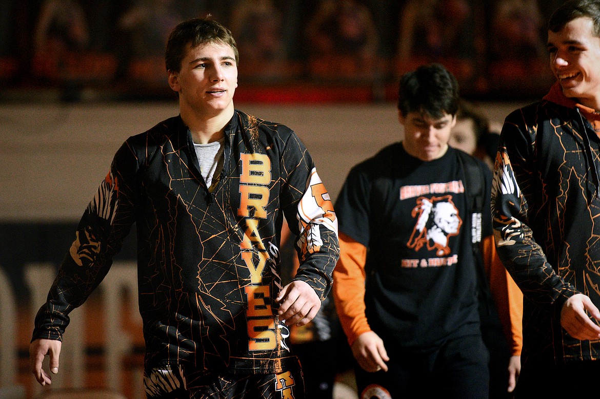 Flathead wrestler Tucker Nadeau (182 lbs.) walks off the mat after a 70-6 crosstown victory over Glacier at Flathead High School on Thursday, Jan. 11. (Casey Kreider/Daily Inter Lake)