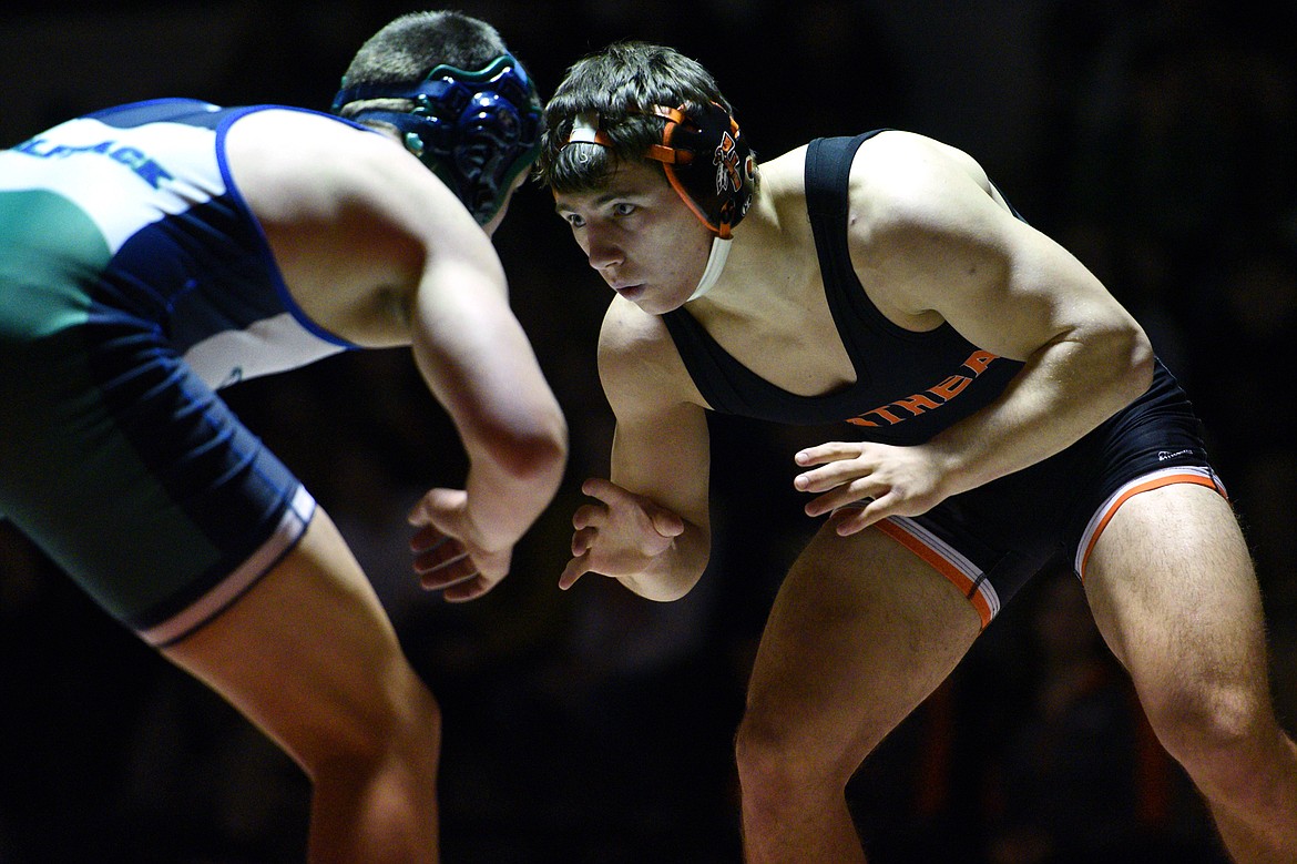 Flathead&#146;s Tucker Nadeau squares off against Glacier&#146;s Wes Palmer at 182 pounds on Thursday at Flathead High School. Nadeau won by pin. (Casey Kreider/Daily Inter Lake)