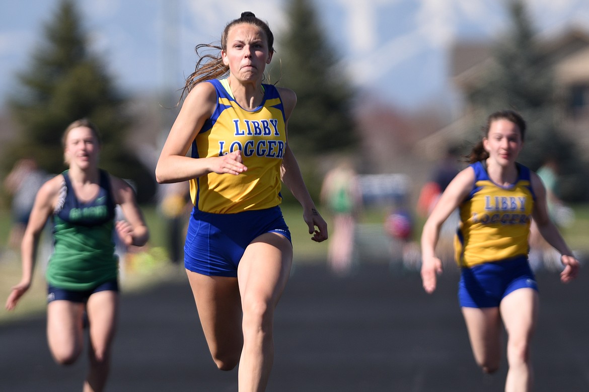 Libby&#146;s Emily Mossburg leads the pack during the girls 100 meter dash at  the Glacier Cinco track meet at Glacier High School on Thursday. (Casey Kreider/Daily Inter Lake)