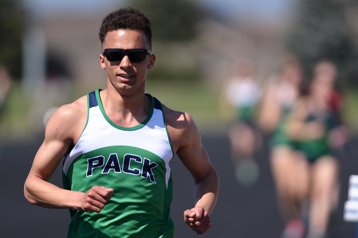 Glacier&#146;s Elijah Boyd distances the pack in the boys 3,200 meter race at the Glacier Cinco track meet at Glacier High School on Thursday. (Casey Kreider/Daily Inter Lake)