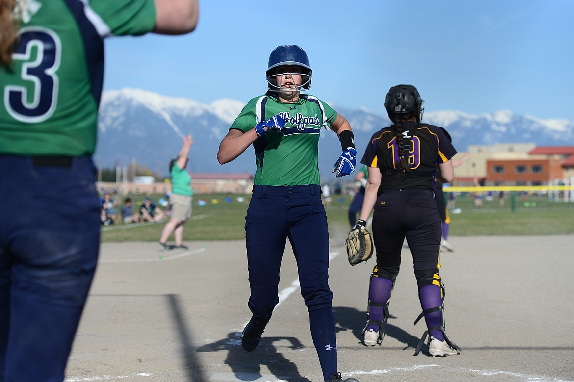 Glacier&#146;s Sophie Smith scores during a big first inning against Missoula Big Sky on Thursday. (Casey Kreider/Daily Inter Lake)