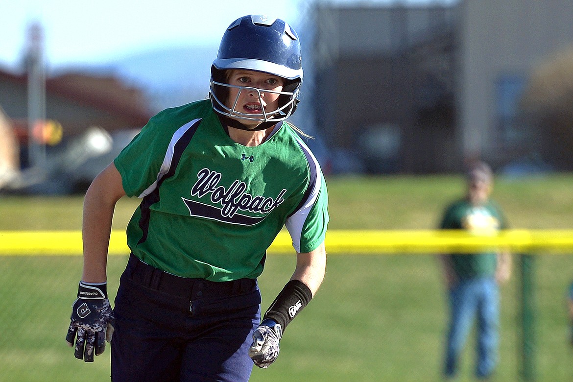 Glacier&#146;s Addie Labrum heads to third base on a hit by the Wolfpack in the third inning against Missoula Big Sky. (Casey Kreider/Daily Inter Lake)