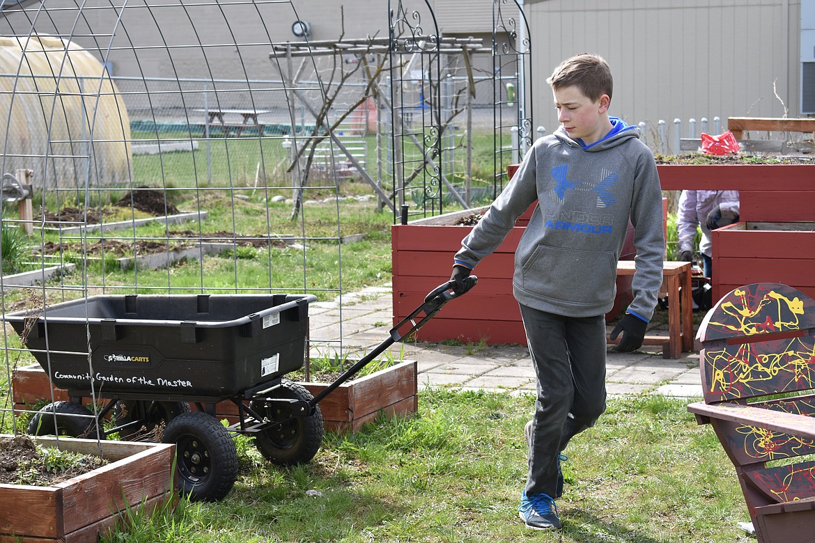 ANNA-LEE BOERNER/Special to The Press
Troop 3 Boy Scout Ryan Harblur, 11, pulls a wheelbarrow Saturday morning while cleaning up the Community Garden of the Master in Coeur d&#146;Alene to prepare it for a fresh start. Ryan and other Troop 3 Scouts, as well as other volunteers, pitched in to restore the garden, which has fallen into disrepair in the past few years and is now being revived for use. About 60 beds are still available to rent for the 2018 growing season.