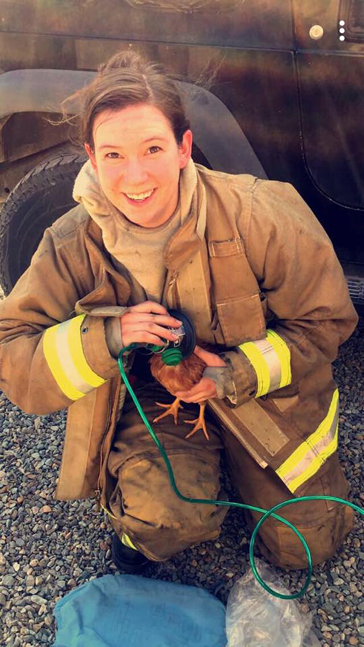 Evergreen Fire Rescue Lt. Jackie Smith uses an artificial breathing device to help revive some chickens that were overcome by smoke inhalation in a residential fire Tuesday on Van Sant Road east of Kalispell. (Photo provided by Evergreen Fire Rescue)