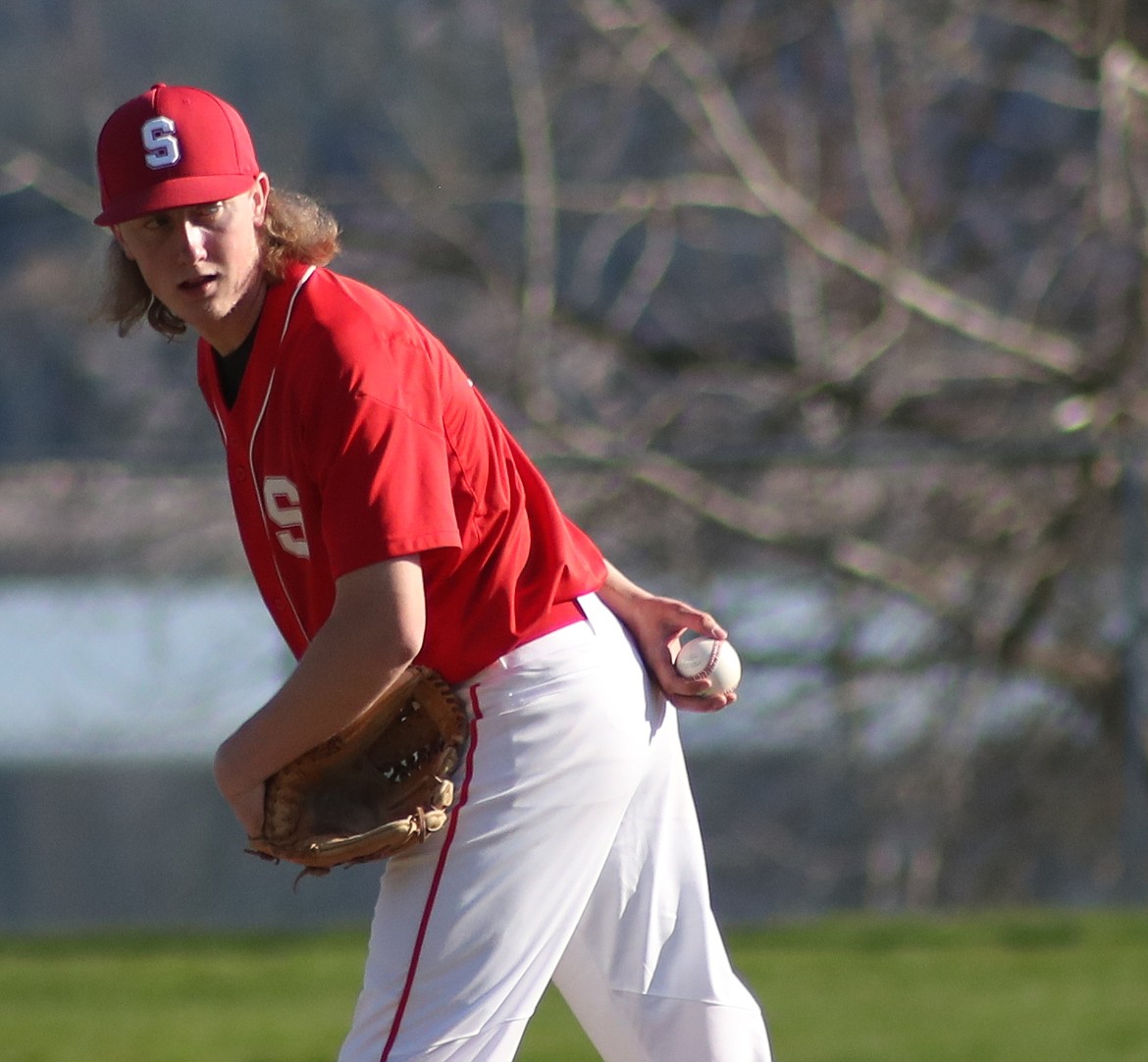 (Photo by ERIC PLUMMER)
Sandpoint senior Tyler Shaffer was effective while pitching a scoreless third and fourth inning in defeat.