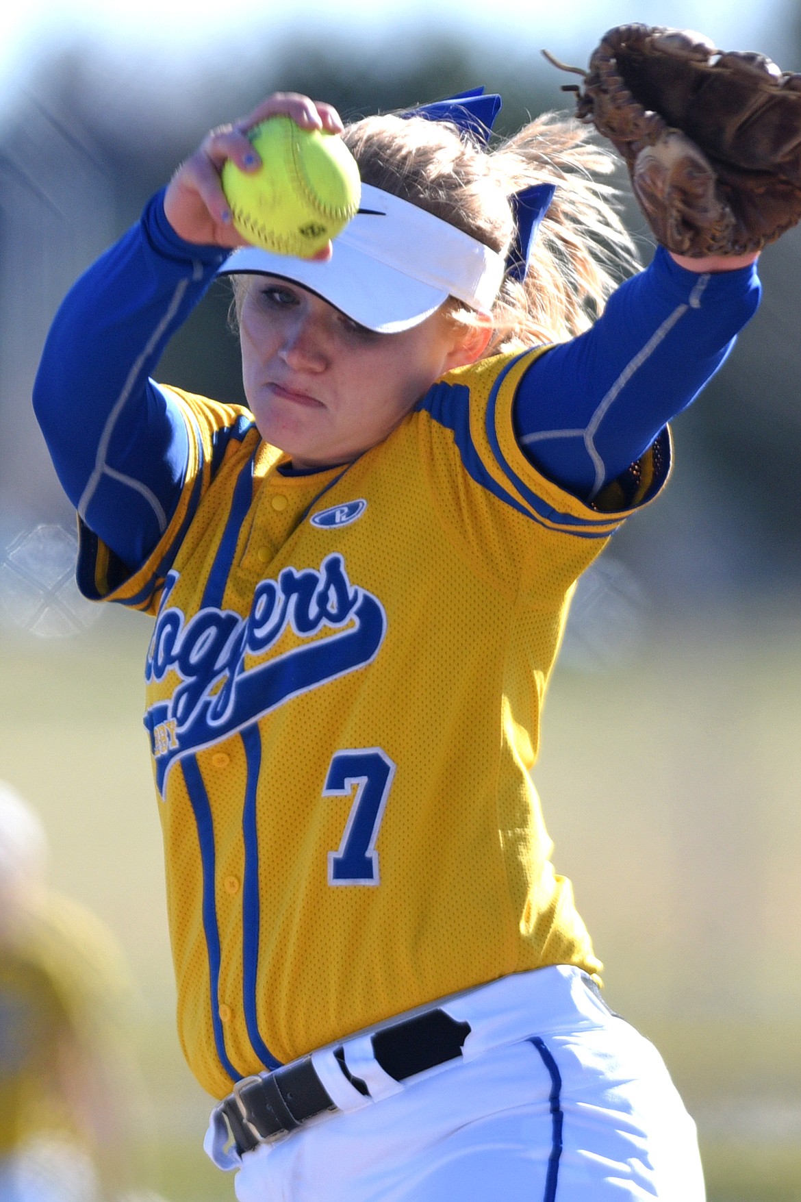 Libby pitcher Khalyn Hageness winds up during the first inning against Flathead. (Casey Kreider/Daily Inter Lake)