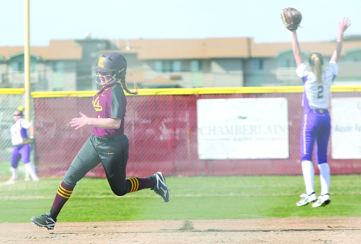 Connor Vanderweyst/Columbia Basin Herald
Moses Lake's Michelle Turner runs the bases after a Gina Skinner double to left field.