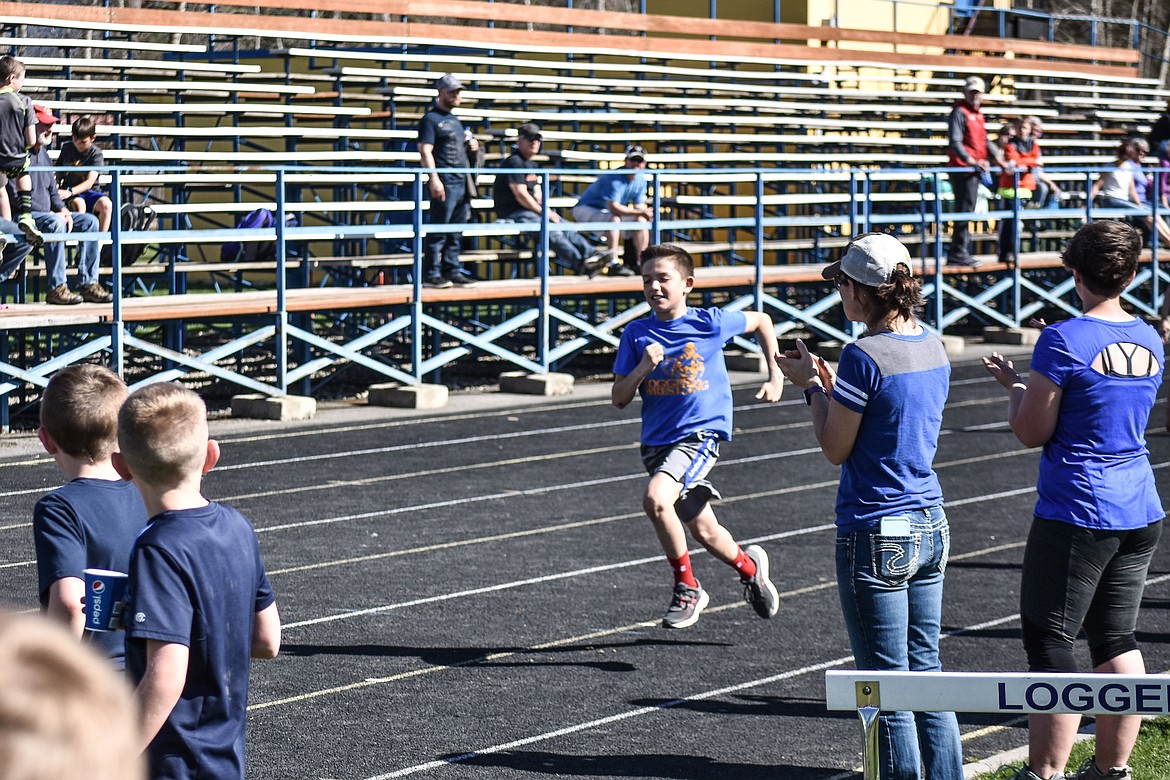 During the 4th-5th Grade Mini Track Meet held at Logger Stadium April 24, Isaac Lamere came in ahaed of the closest competitor by almost a full two seconds with 14.75 seconds.  (Ben Kibbey/The Western News)