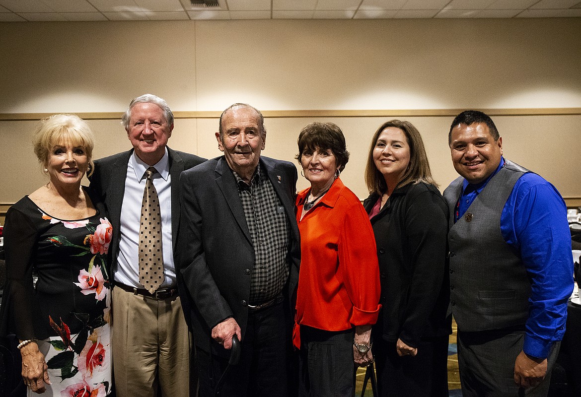 LOREN BENOIT/Press
The Idaho Hall of Fame welcomed three deserving and worthy members, Jerry Jaeger, Ron Edinger and the Coeur d&#146;Alene Tribe at this year&#146;s 21st annual Kootenai County Task Force on Human Relations Human Rights Banquet, held at the Best Western Plus Coeur d&#146;Alene Inn. From left, Ellen and Jerry Jaeger, Ron and Nancy Edinger, and Elva and Chief Allan with The Coeur d&#146;Alene Tribe. Jerry Jaeger, co-owner and former longtime president of Hagadone Hospitality, has been a leader in Idaho of promoting and serving the tourist industry for years. Ron Edinger was elected mayor in 1973 and served for four years, returning to a city council seat in 1979 and has been re-elected ever since. The Coeur d&#146;Alene Tribe consistantly gives back to the community and has helped work with the KCTFHR for some 37 years.