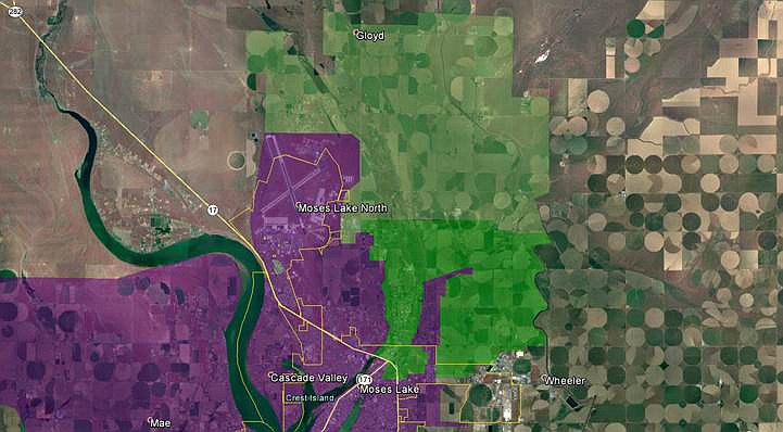 Grant PUD/courtesy imageMoses Lake expansion area in green. Purple denotes areas that already have fiber access in Moses Lake.