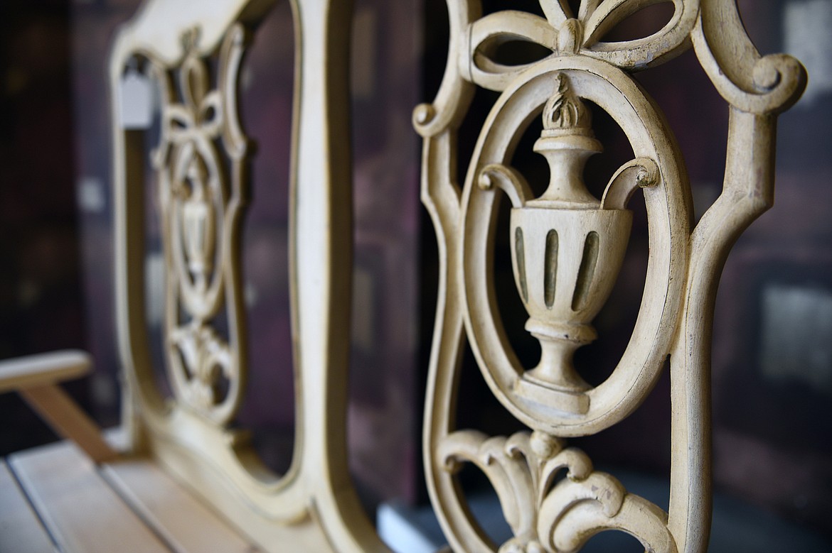 Detail of a handmade bench crafted by carpenter Tom White at the pop-up shop Seasons in downtown Kalispell on Wednesday, April 11. (Casey Kreider/Daily Inter Lake)