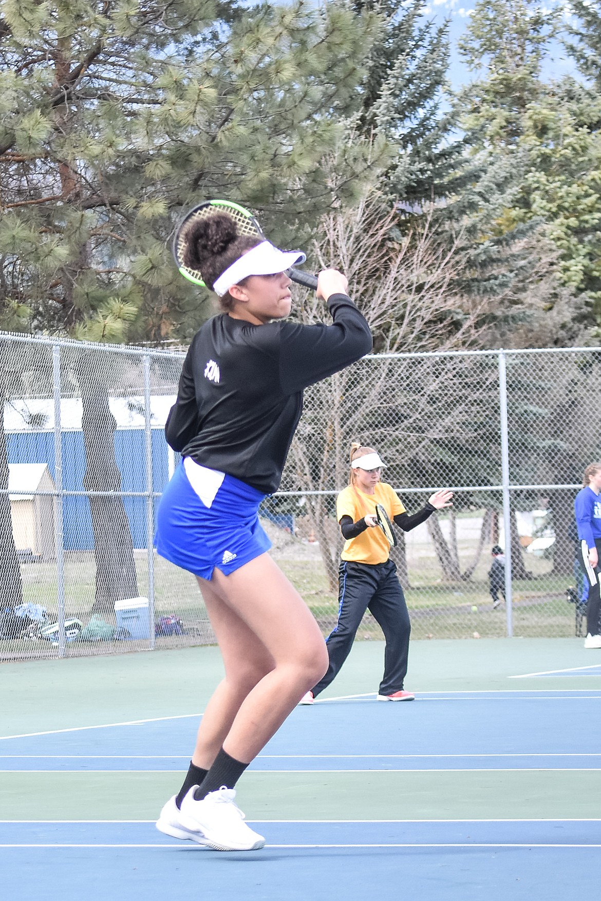 Libby&#146;s Mehki Sykes readies for a return during her first match of the invite against Loyola&#146;s Melanie Benson at the Libby Invitational, April 21. (Ben Kibbey/The Western News)