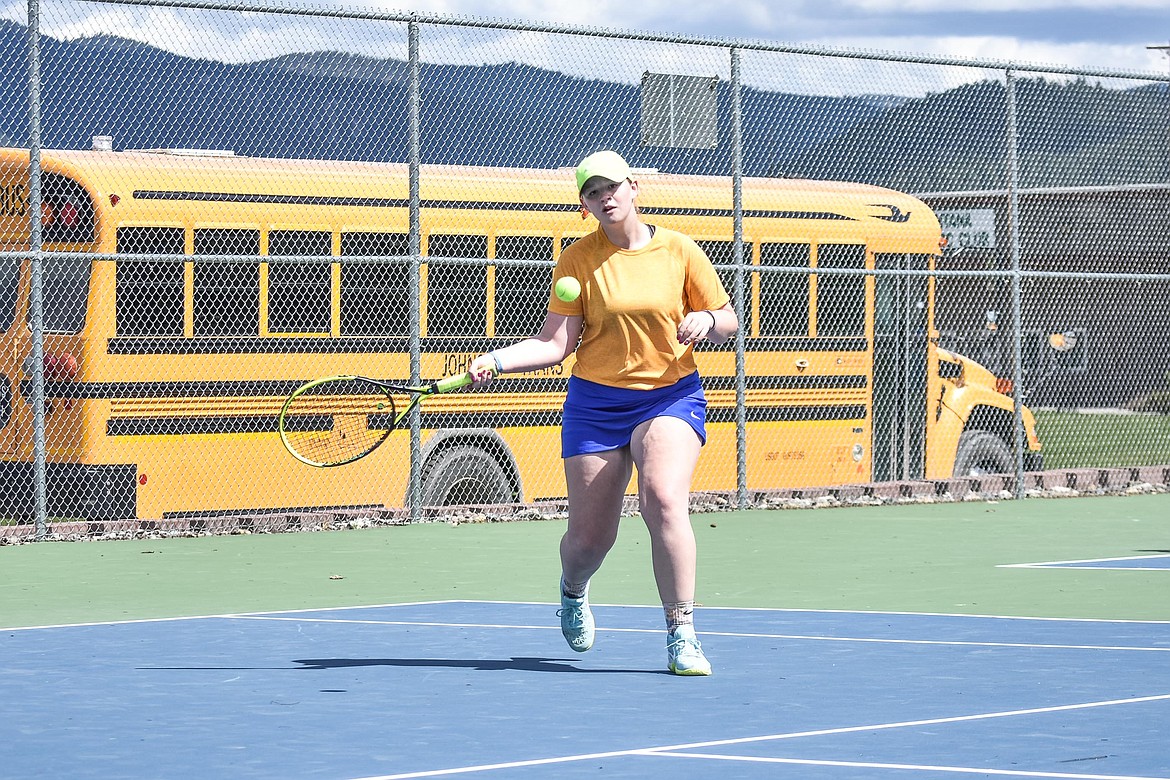 Libby&#146;s Laurynn Lauer returns the ball while playing with her doubles partner Morgan Snyder at the Libby Invitational, April 21. (Ben Kibbey/The Western News)