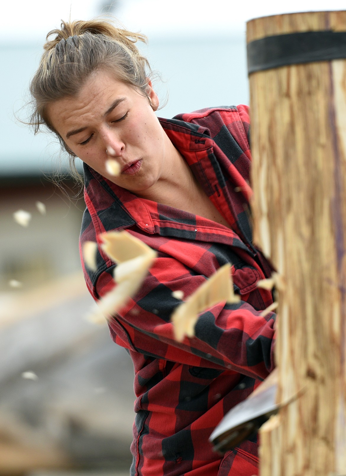 Flathead Valley Community College&#146;s Whitney Barr competes in the Vertical Speed Chop event during Stumpjumper Days at the FVCC Logger Sports Arena on Saturday. (Casey Kreider/Daily Inter Lake)