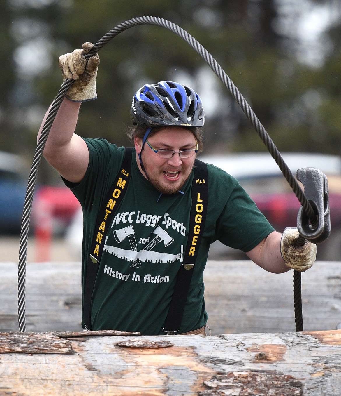 Flathead Valley Community College&#146;s Steven Raymond competes in the Choker Race event.
during Stumpjumper Days at the FVCC Logger Sports Arena on Saturday. (Casey Kreider/Daily Inter Lake)