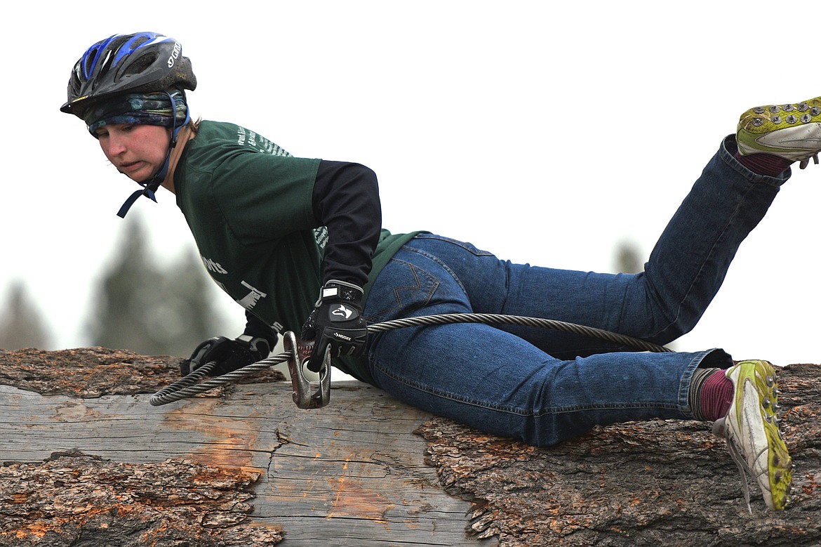 Flathead Valley Community College&#146;s Skye Hatfield competes in the Choker Race event during Stumpjumper Days at the FVCC Logger Sports Arena on Saturday. (Casey Kreider/Daily Inter Lake)