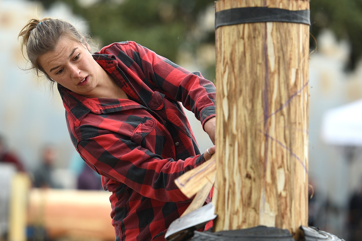 Flathead Valley Community College&#146;s Whitney Barr competes in the Vertical Speed Chop event during Stumpjumper Days at the FVCC Logger Sports Arena on Saturday. (Casey Kreider photos/Daily Inter Lake)