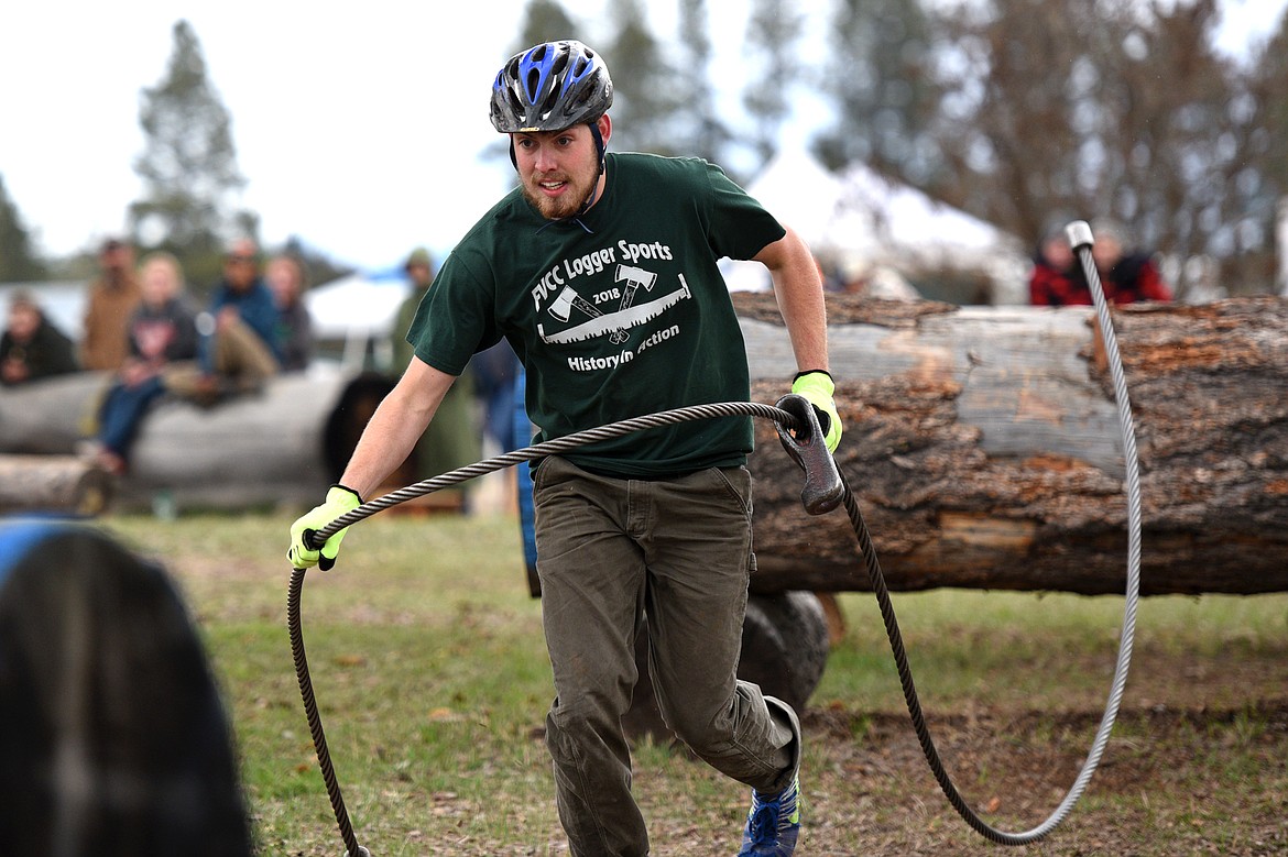 Flathead Valley Community College&#146;s Kylor Yohn competes in the Choker Race event during Stumpjumper Days at the FVCC Logger Sports Arena on Saturday. (Casey Kreider/Daily Inter Lake)