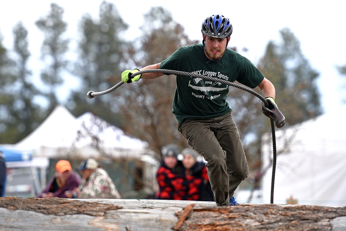 Flathead Valley Community College&#146;s Kylor Yohn competes in the Choker Race event during Stumpjumper Days at the FVCC Logger Sports Arena on Saturday. (Casey Kreider/Daily Inter Lake)