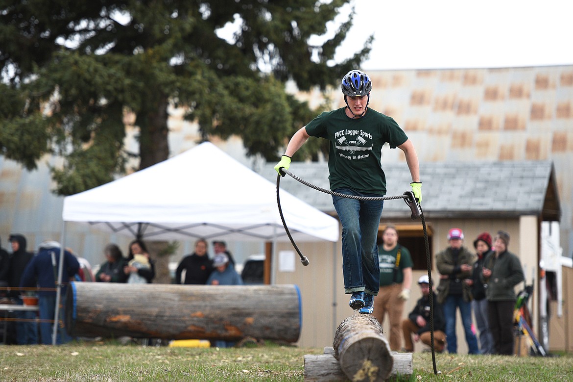 Flathead Valley Community College&#146;s John Selhost competes in the Choker Race event during Stumpjumper Days at the FVCC Logger Sports Arena on Saturday. (Casey Kreider/Daily Inter Lake)