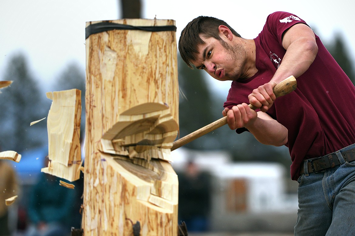 Owen Oster, of the University of Montana&#146;s Woodsman Team, competes in the Vertical Hard Hit event during Stumpjumper Days at the FVCC Logger Sports Arena on Saturday. (Casey Kreider/Daily Inter Lake)