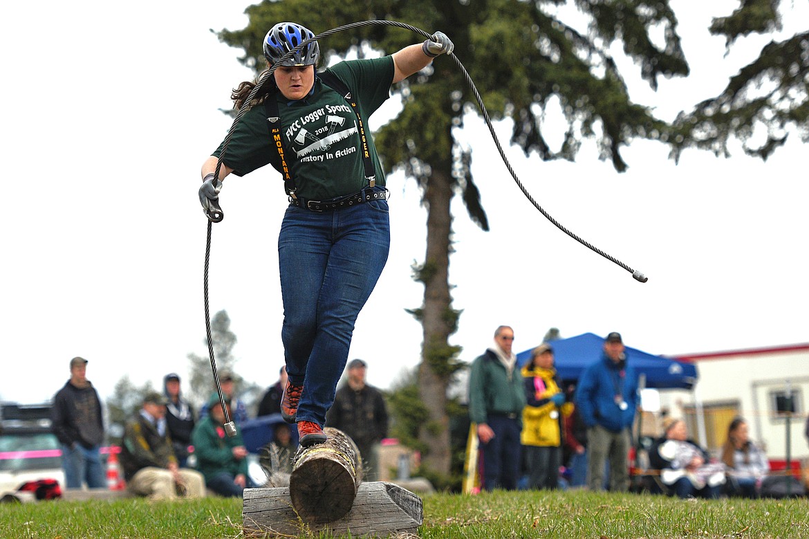 Flathead Valley Community College&#146;s Darian Enders competes in the Choker Race event during Stumpjumper Days at the FVCC Logger Sports Arena on Saturday. (Casey Kreider/Daily Inter Lake)