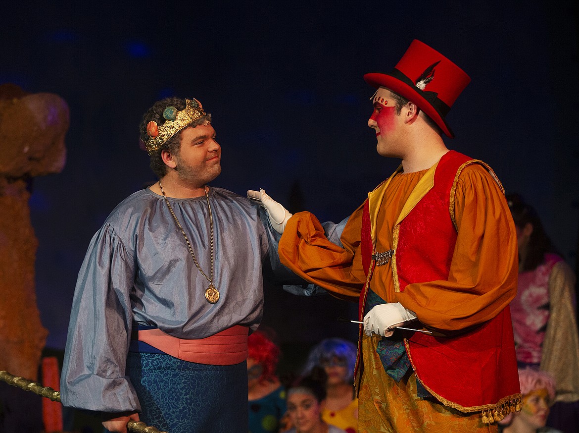 LOREN BENOIT/Press
Ben Burke, who plays King Triton, and Blake Presnell, who plays Sebastian, share a kind moment during dress rehearsal Wednesday evening for Coeur d&#146;Alene High&#146;s Production of Disney&#146;s The Little Mermaid.