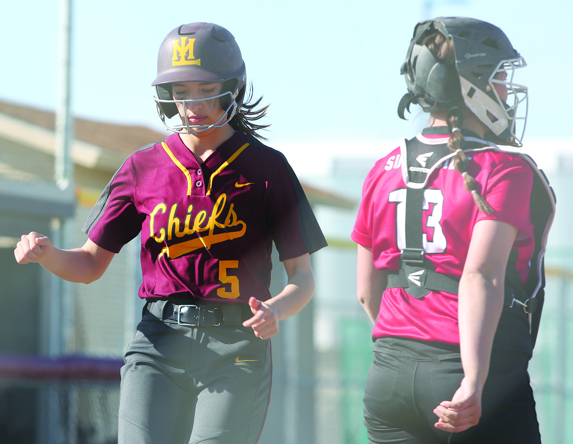 Connor Vanderweyst/Columbia Basin Herald
Moses Lake's Gabi Rios reaches home plate against Sunnyside.