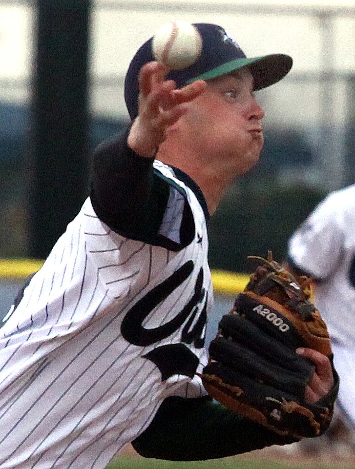 Rodney Harwood/Columbia Basin HeraldGame 2 starter Jordan Moreno delivers to the plate during Saturday's NWAC East doubleheader with Yakima Valley.