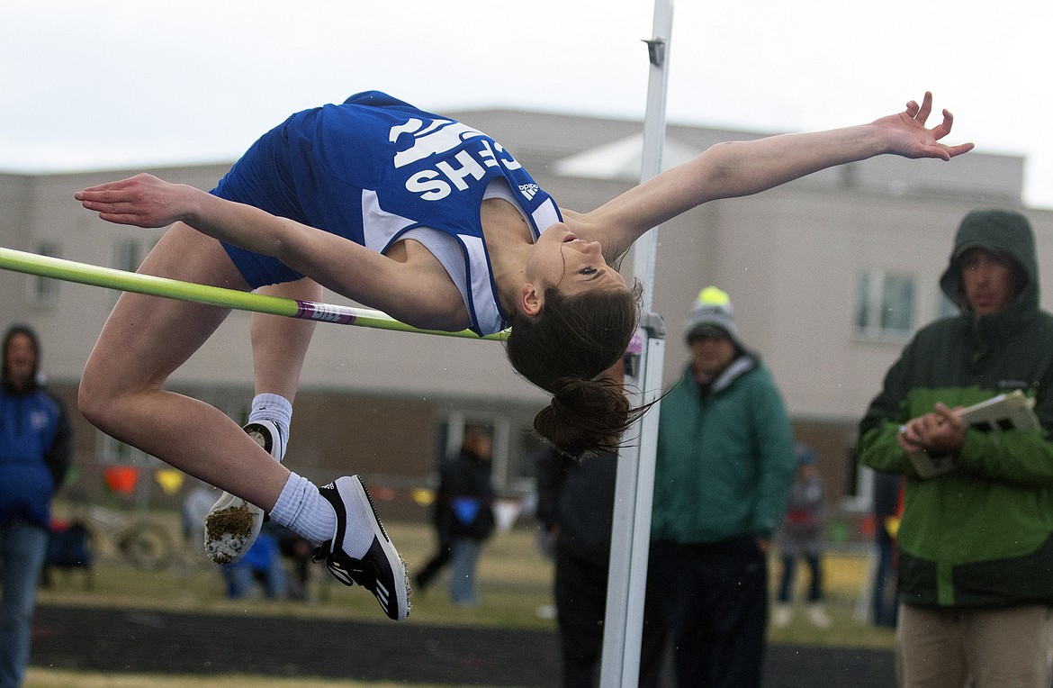 Stella Bistodeau clears the bar during action in the high jump at the Iceberg Invitational Saturday. (Jeremy Weber photo)