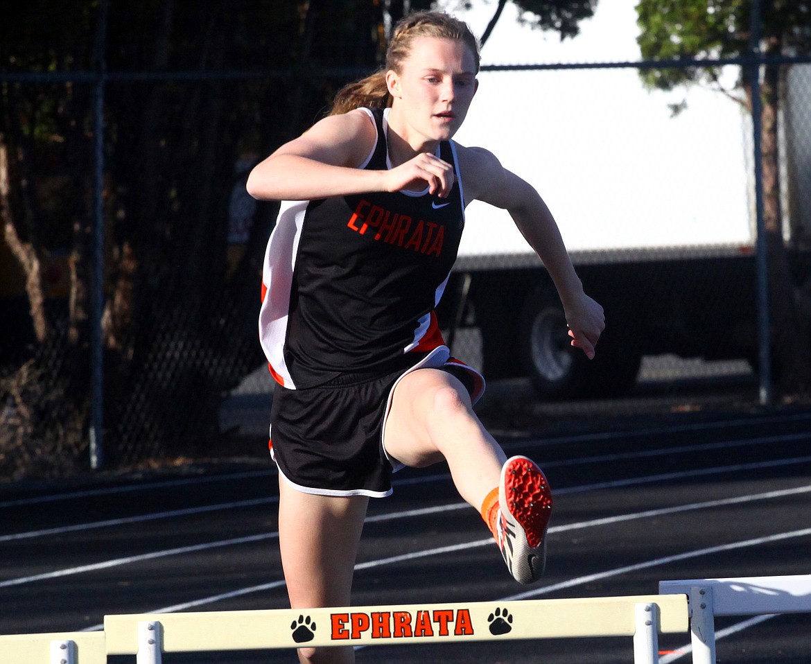 Rodney Harwood/Columbia Basin Herald
Ephrata senior McCall DeChenne defeated the 300-meter hurdle field by almost four seconds, winning at Thursday's CWAC meet at Tiger Stadium in 46.42 seconds.