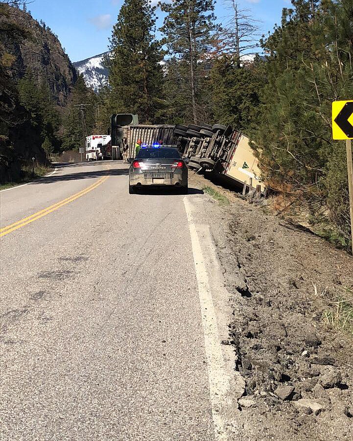 Soft edges aided in the top heavy trailer tipping over and sliding into the corner at the start of the Perma bends headed west on Highway 200 (Erin Jusseaume/Clark Fork Valley Press)