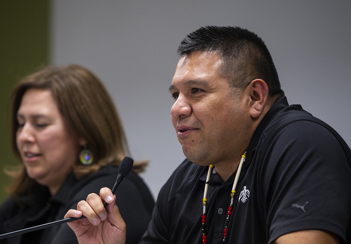 Next to his wife Elva Allan, Chief Allan, chairman for the Coeur d&#146;Alene Tribe, speaks about human rights, education, and the history of the Coeur d&#146;Alene Tribe Tuesday evening at North Idaho College&#146;s third annual Diversity Symposium. (LOREN BENOIT/Press)