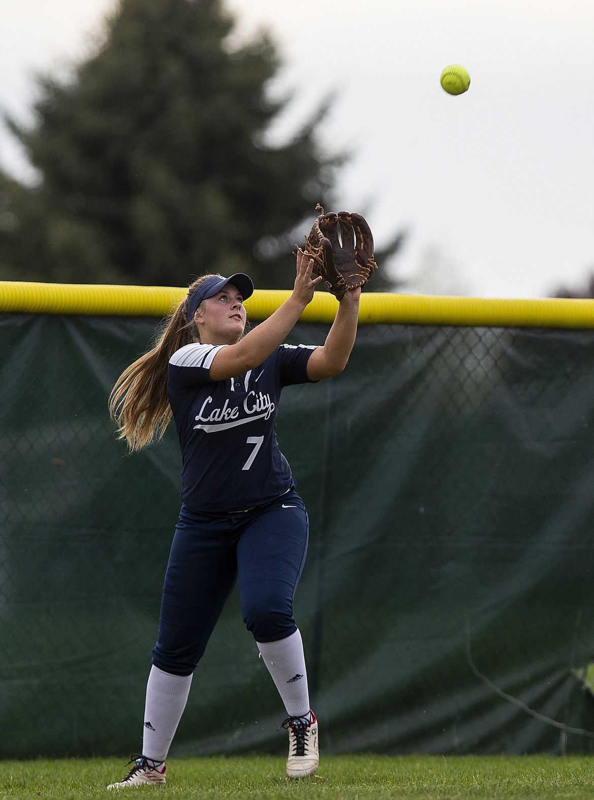 Lake City High School center fielder Emma Grey fields a Lewiston flyball in the 5A Region 1 tournament championship game. (LOREN BENOIT/Press)