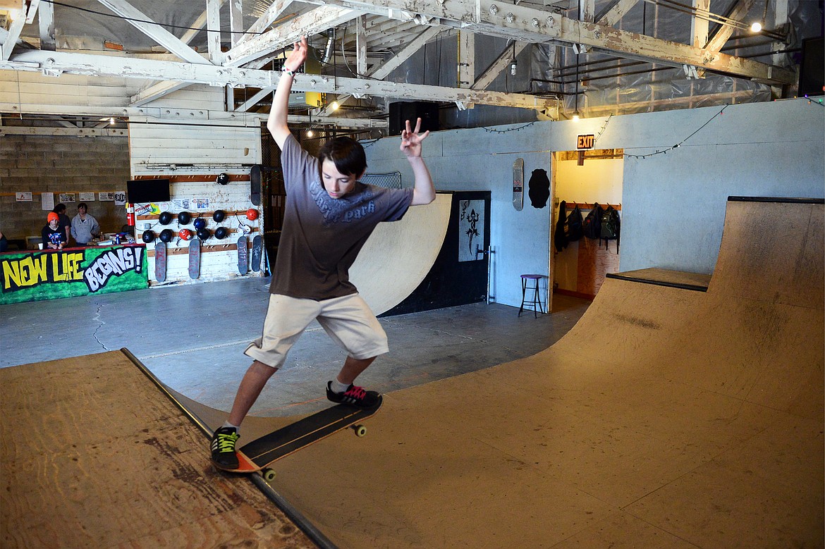 Deveren Fromm, 13, does a nose stall on the halfpipe during an open skate at Serious JuJu at 707 W. Center St. in Kalispell on Friday, May 4. (Casey Kreider/Daily Inter Lake)