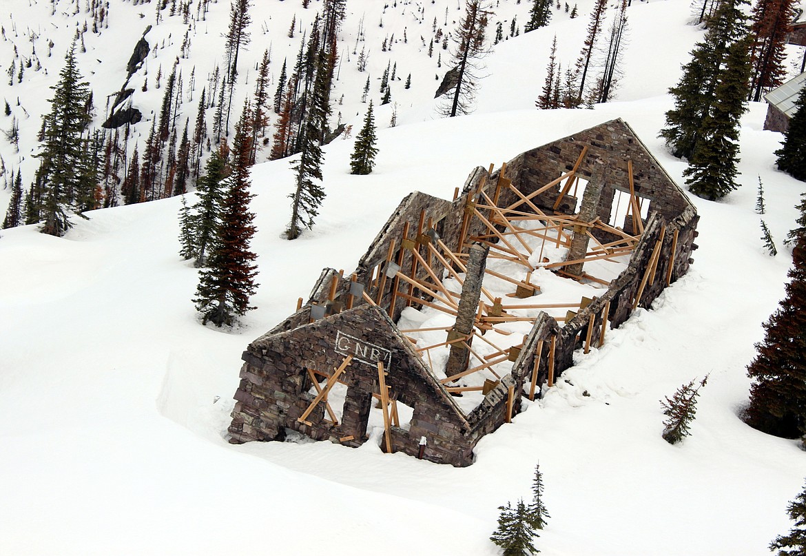 A closer look at Sperry Chalet buried in deep snow on May 2.