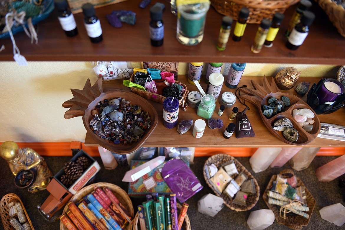 Oils, incense, candles, jewelry, statues and other goods for sale inside The Rose Boutique etc. #2 in Columbia Falls on Thursday, May 3. (Casey Kreider/Daily Inter Lake)