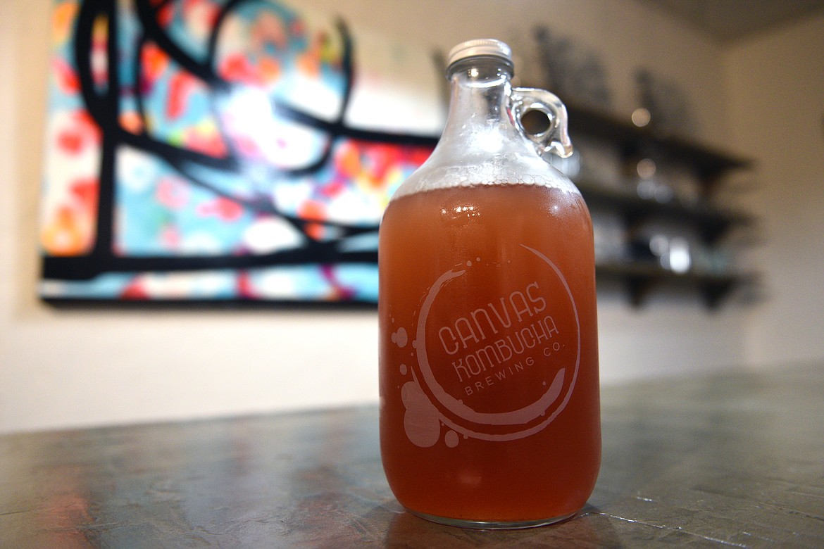 A growler filled with kombucha at Canvas Kombucha Brewing Co. at Whitefish Mountain Mall.