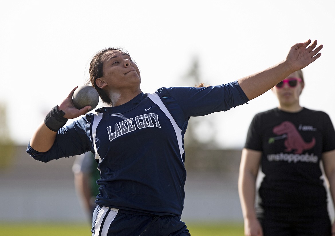 Lake City&#146;s Emily Hernandez competes in the shot put at the District 1 all-star meet at Post Falls High School. 

LOREN BENOIT/Press