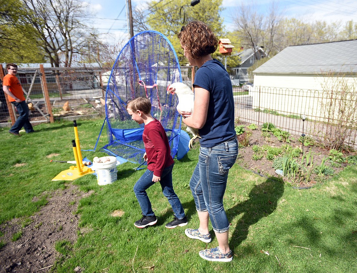 Shannon Eve carries one of her larger chickens into the garden where she is keeping four chicks. Eve has a total of six chickens in her backyard referring to them as her way of bringing a little farm life to the city.(Brenda Ahearn/Daily Inter Lake)