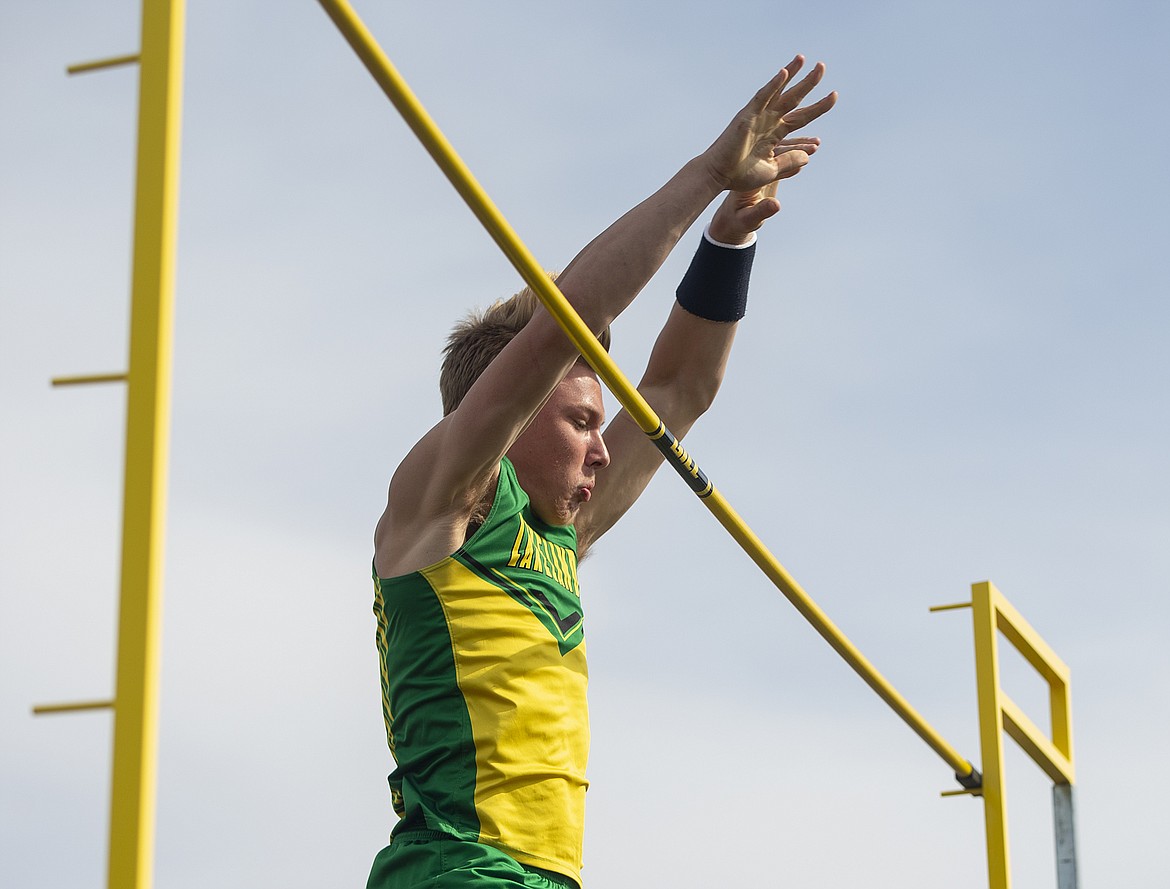 Lakeland High&#146;s Ben Zubaly competes in the pole vault at the District 1 all-star meet at Post Falls High School. (LOREN BENOIT/Press)