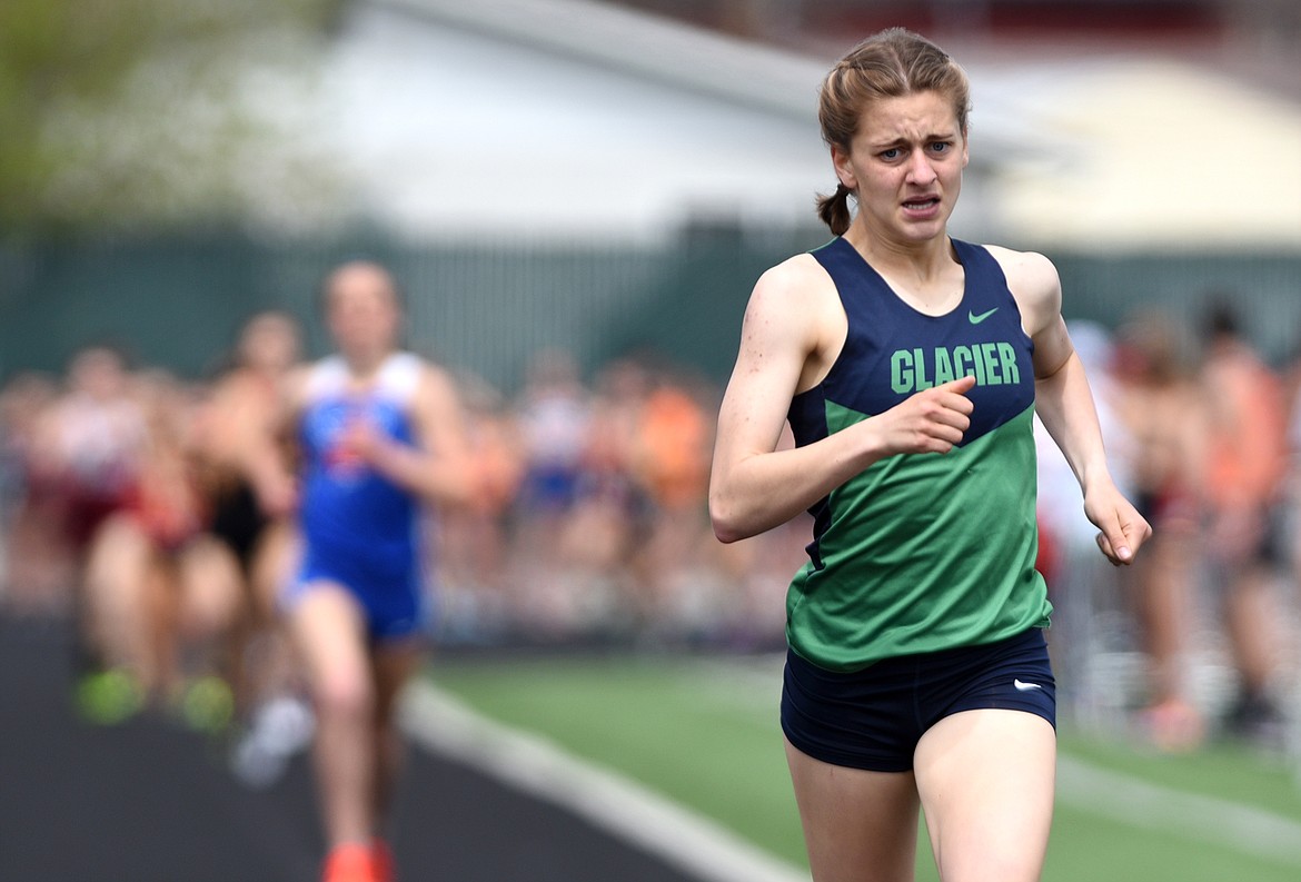 Glacier's Annie Hill takes first with a time of 2:11.39 in the girls 800-meter run at the Archie Roe track and field meet at Legends Stadium on Saturday. (Casey Kreider/Daily Inter Lake)