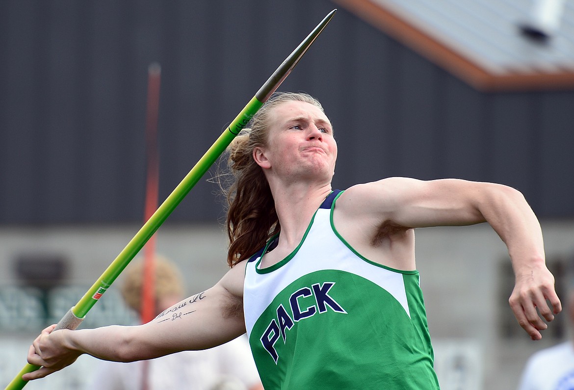 Glacier's Evan Todd throws the javelin 181.8 at the Archie Roe track and field meet at Legends Stadium on Saturday. (Casey Kreider/Daily Inter Lake)