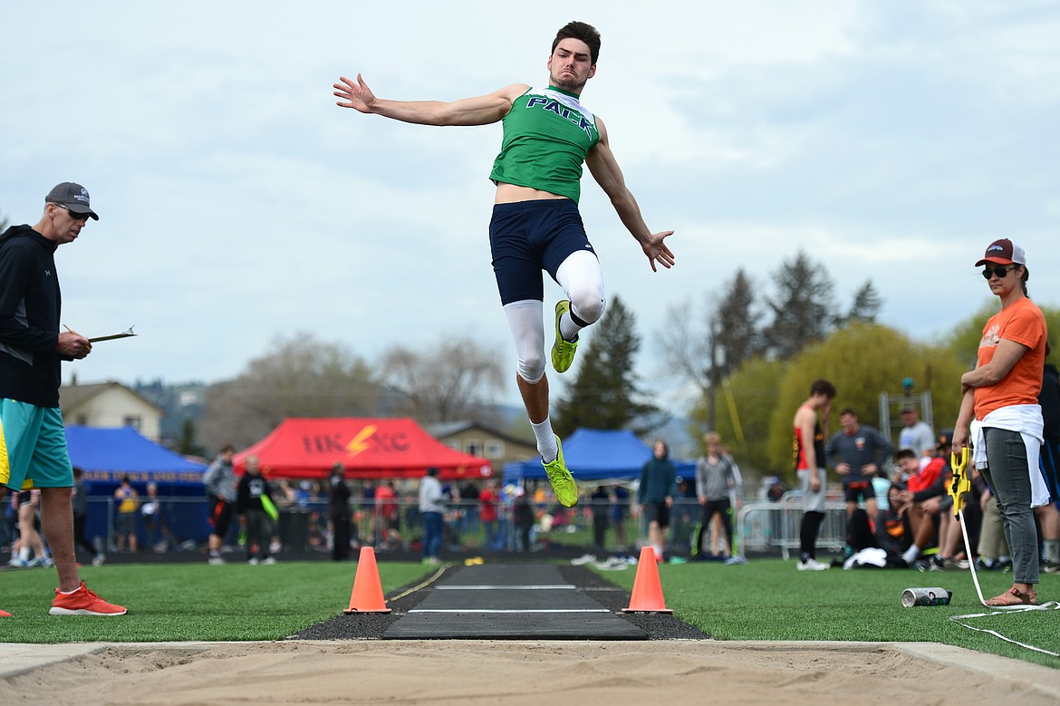 Glacier's Hunter Nicholson competes in the boys long jump at the Archie Roe track and field meet at Legends Stadium on Saturday. (Casey Kreider/Daily Inter Lake)