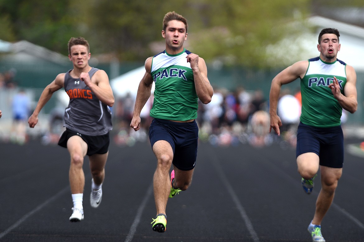 Glacier's Ethan Larson competes in the boys 100-meter dash at the Archie Roe track and field meet at Legends Stadium on Saturday. (Casey Kreider/Daily Inter Lake)
