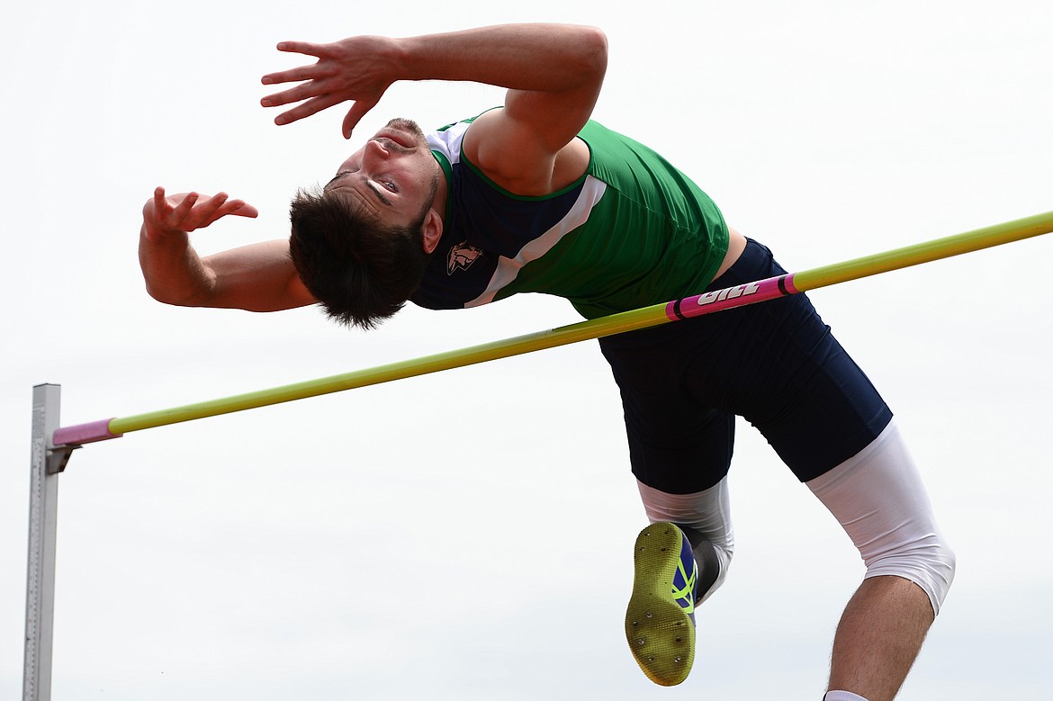 Glacier's Hunter Nicholson competes in the boys high jump at the Archie Roe track and field meet at Legends Stadium on Saturday. (Casey Kreider/Daily Inter Lake)