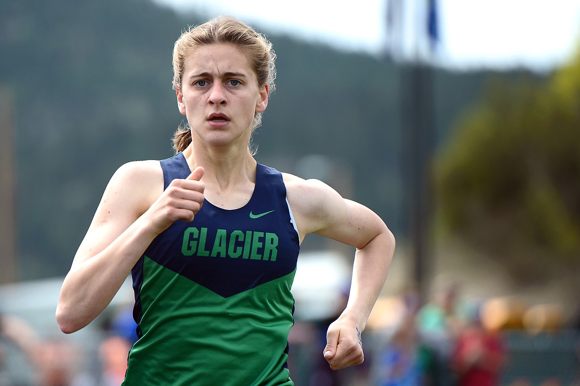 Glacier's Annie Hill distances the pack in the girls 800-meter run at the Archie Roe track and field meet at Legends Stadium on Saturday. (Casey Kreider/Daily Inter Lake)