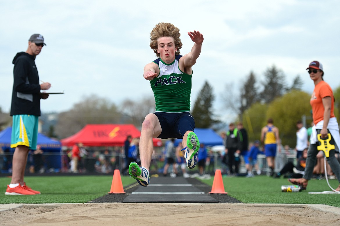 Glacier's Caden Harkins competes in the long jump at the Archie Roe track and field meet at Legends Stadium on Saturday. (Casey Kreider/Daily Inter Lake)